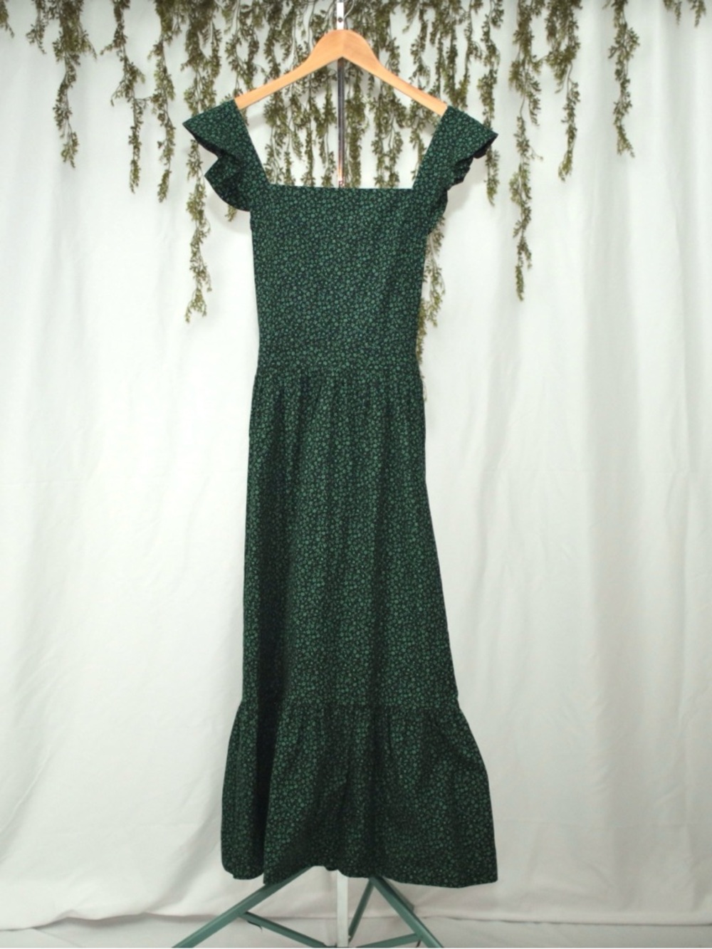 Zara XL Dark Green Floral Cottage Core Pinafore Maxi Dress with Ruffle Straps